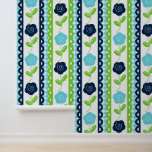 Folk Art Floral Scalloped Stripe on Aqua Gingham 