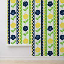 Folk Art Floral Scalloped Stripe - Yellow Gingham 