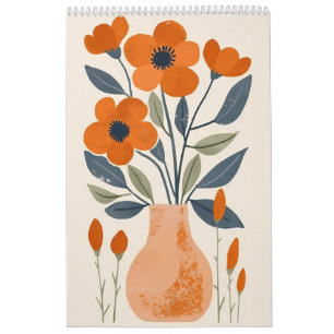 Folk Art Floral Scandinavian Orange Flower Wall Calendar