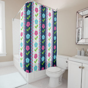 Folk Art Floral Stripe Chequerboard Pink & Navy