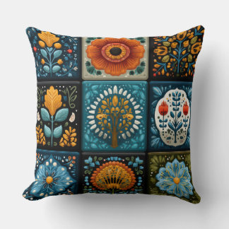 Folk Art Floral Tile Pattern Decorative Throw Pill Pillow