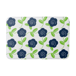 Folk Art Floral Toss in Navy on White Bath Mat