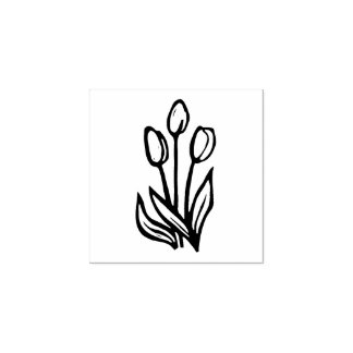 Folk Art Floral Tulips Spring Linocut Style  Rubber Stamp