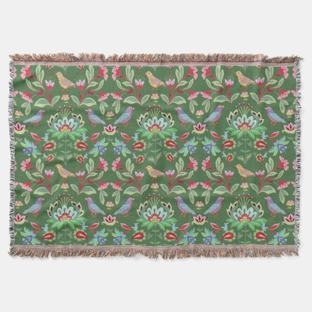 Folk Art Floral With Birds on Green Throw (Front)