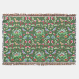 Folk Art Floral With Birds on Green Throw Blanket