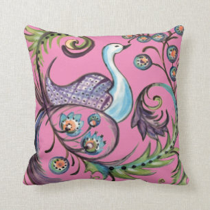 Folk Art Flower Floral Peacock Hot Pink Summer Throw Pillow