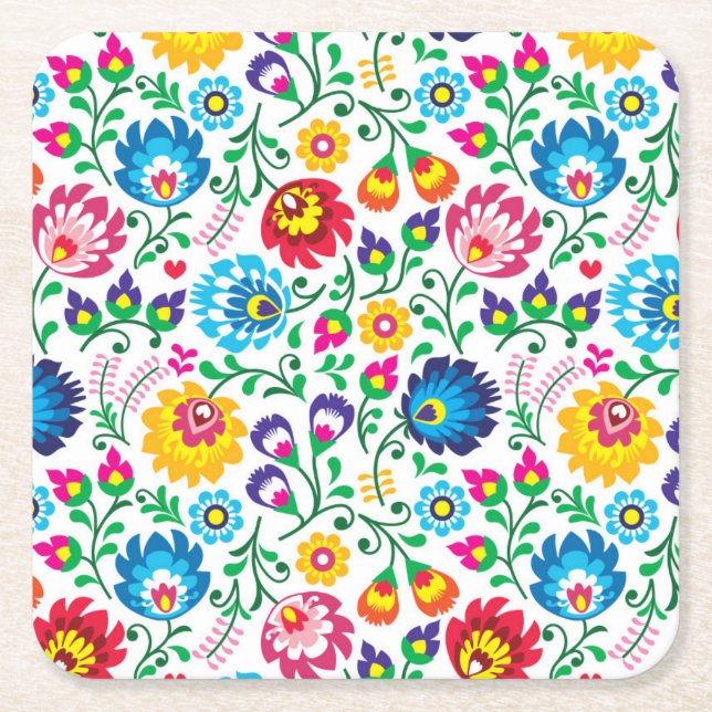 Folk Art Flower Pattern 2 Square Paper Coaster (Front)