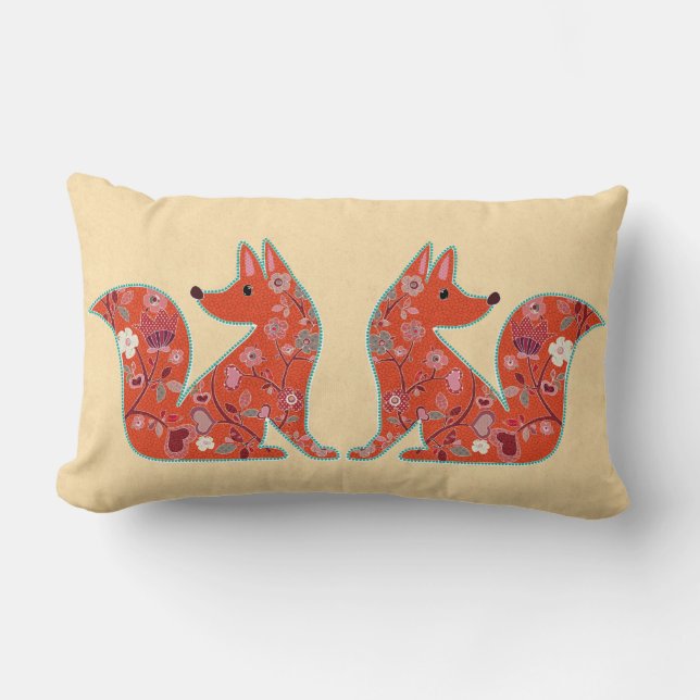 Folk Art Flower Pattern Fox Lumbar Pillow (Front)