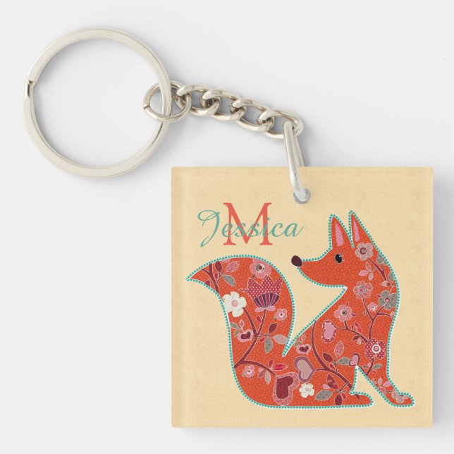 Folk Art Flower Pattern Fox Personalised Keychain (Front)
