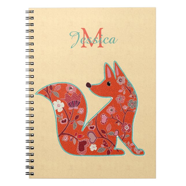 Folk Art Flower Pattern Fox Personalised Notebook (Front)