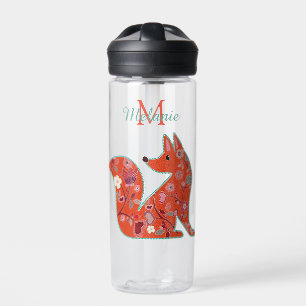 Folk Art Flower Pattern Fox Personalised Water Bottle