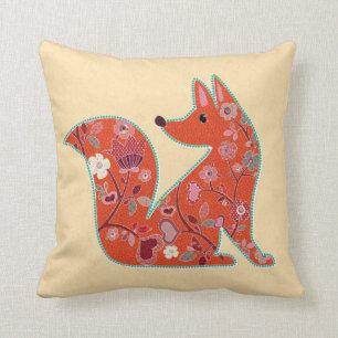 Folk Art Flower Pattern Fox Throw Pillow