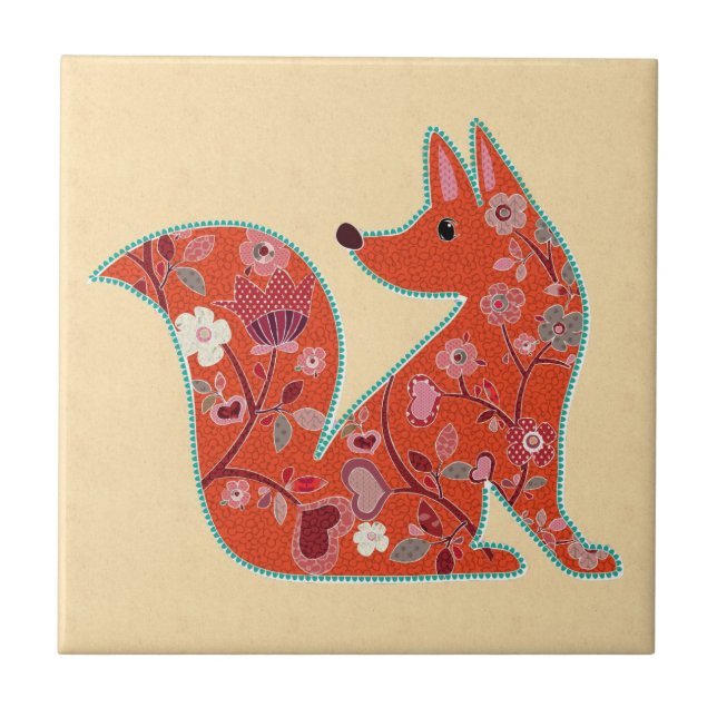 Folk Art Flower Pattern Fox Tile (Front)