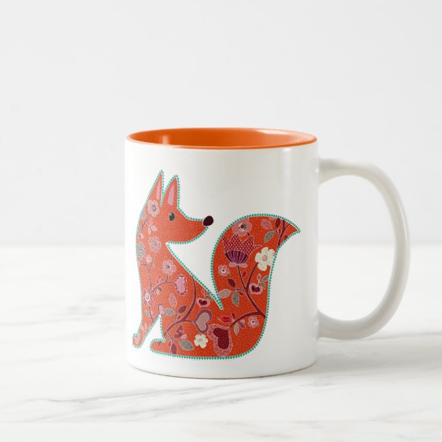 Folk Art Flower Pattern Fox  Two-Tone Coffee Mug (Right)
