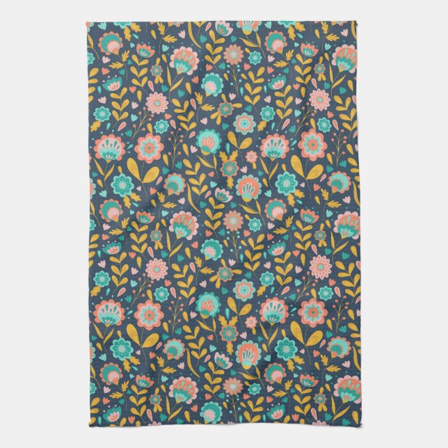 Folk Art Flower Pattern Kitchen Towel (Vertical)