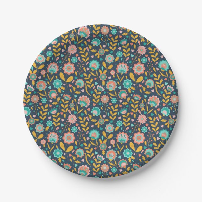 Folk Art Flower Pattern Paper Plate (Front)
