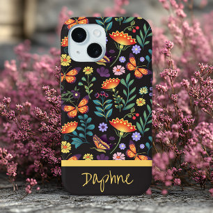 Folk Art Flowers and Butterflies Personalized iPhone 15 Case