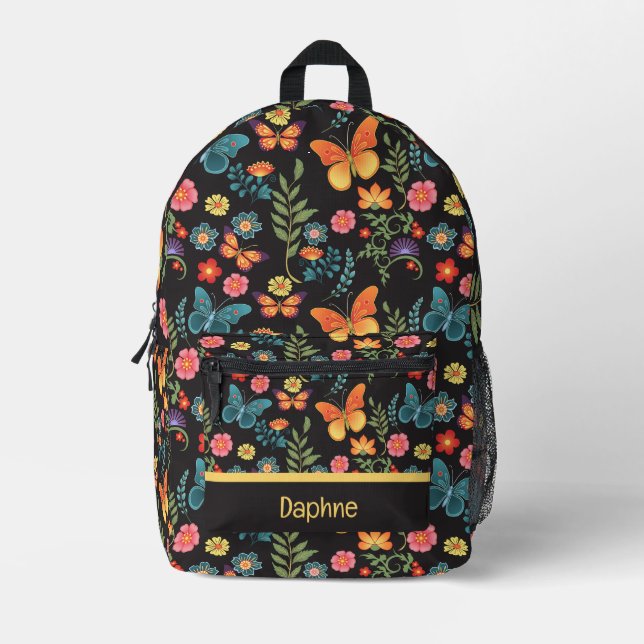Folk Art Flowers and Butterflies Personalized Printed Backpack (Front)