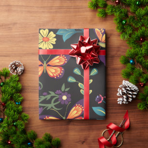 Folk Art Flowers and Butterflies Wrapping Paper