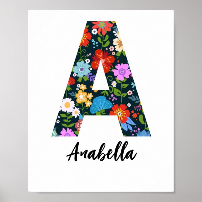 Folk Art Flowers Monogram Letter A Print (Front)