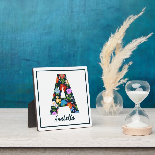 Folk Art Flowers Monogram Letter A Tabletop  Plaque (Insitu)