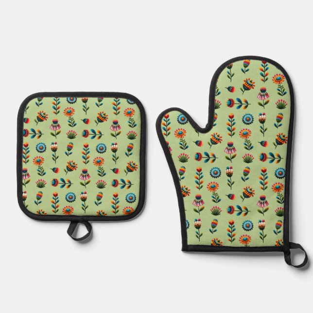 Folk Art Flowers  Oven Mitt & Pot Holder Set (Front)