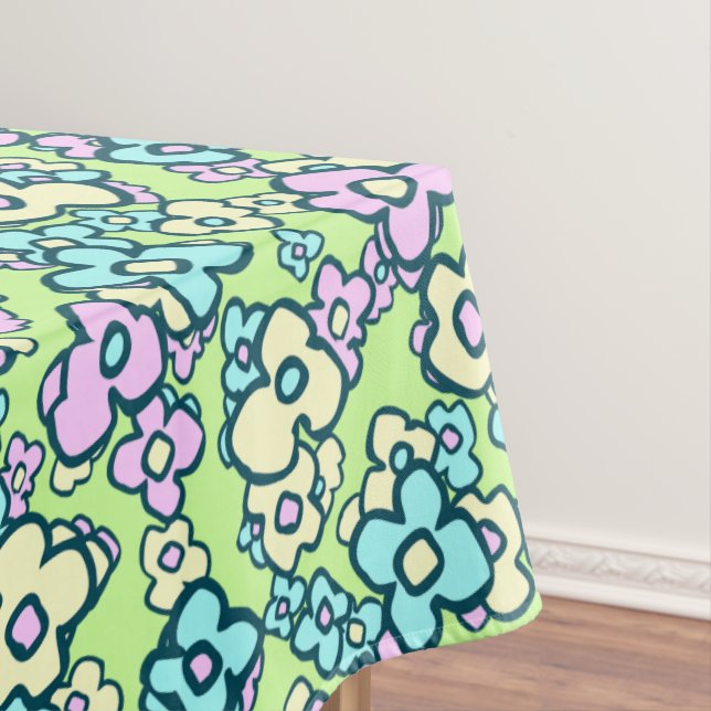 Folk Art Flowers Pastel Colours Spring Green Tablecloth (In Situ)