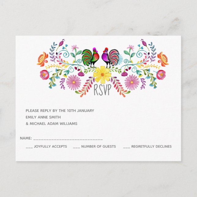 Folk Art Flowers Rooster RSVP Invitation Postcard (Front)
