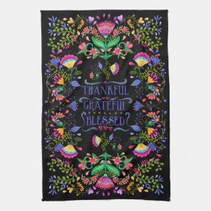 Folk Art Flowers   Thankful, Grateful, Blessed Kitchen Towel