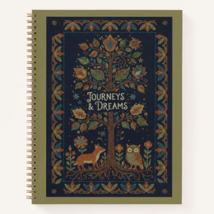 Folk Art Forest Nature, Faux Stitch Navy Linen  Notebook