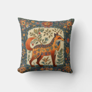 Folk Art Fox and Flowers Teal Blue Cream Throw Pillow