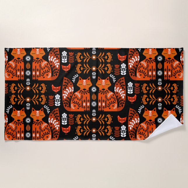 Folk Art Fox And Hen Beach Towel (Front)
