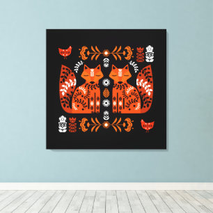 Folk Art Fox And Hen Canvas Print