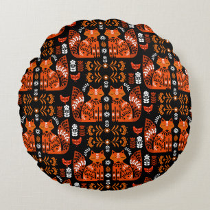 Folk Art Fox And Hen Round Pillow