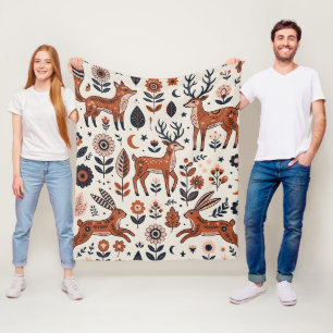 Folk Art Fox Deer Hare Nordic Forest Blanket
