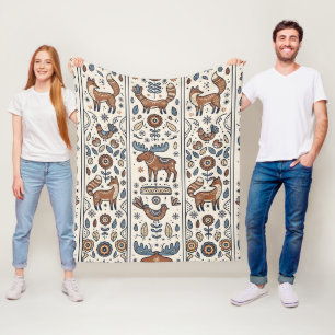 Folk Art Fox Moose Sparrow Nordic Forest Blanket