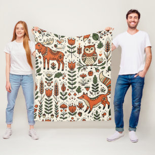 Folk Art Fox Owl Moose Nordic Forest Blanket