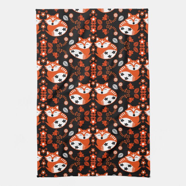 Folk Art Fox Print Decor Kitchen Towel (Vertical)