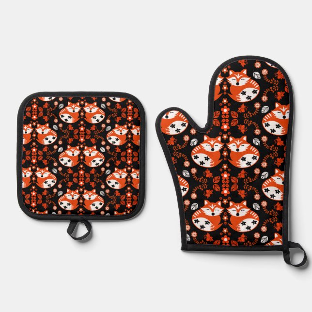 Folk Art Fox Print Decor Oven Mitt & Pot Holder Set (Front)