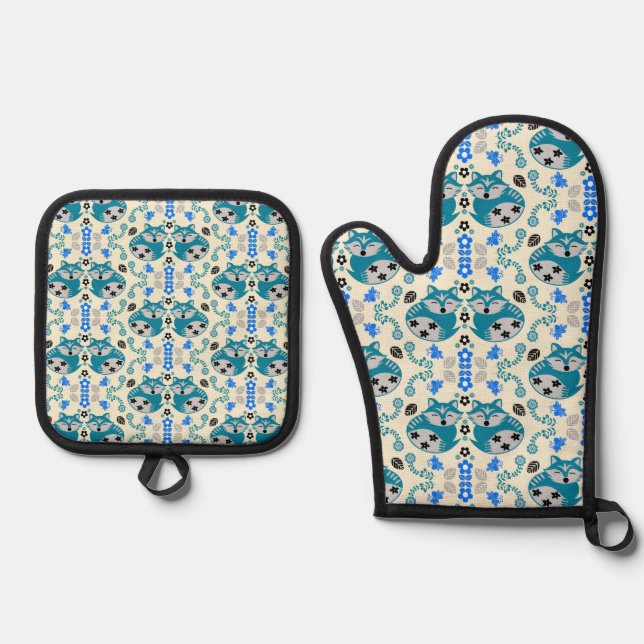 Folk Art Fox Print Decor Oven Mitt & Pot Holder Set (Front)