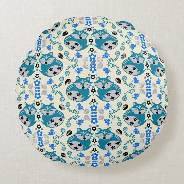 Folk Art Fox Print Decor Round Pillow (Front)