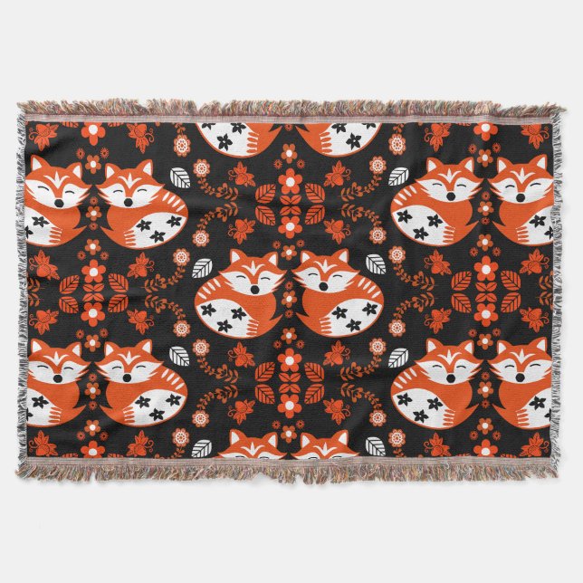 Folk Art Fox Print Decor Throw Blanket (Front)