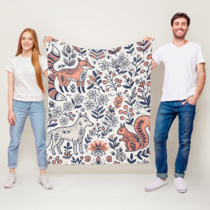 Folk Art Fox Wolf Squirrel Nordic Blanket