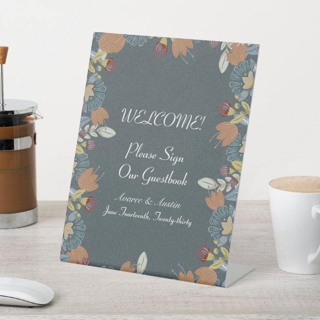 Folk Art Frame in Blue Brown Tan Pedestal Sign (In SItu)