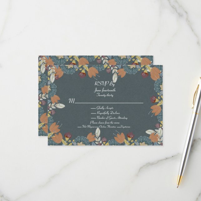 Folk Art Frame in Blue Brown Tan RSVP Card (Front/Back In Situ)