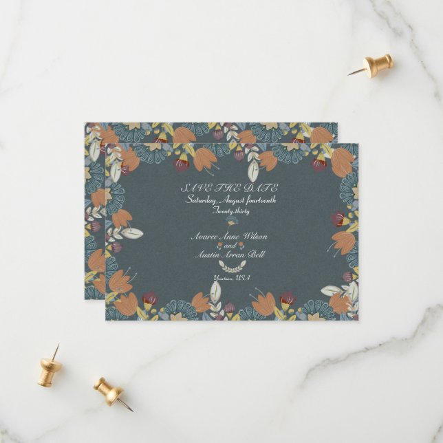 Folk Art Frame in Blue Brown Tan Save The Date (Front/Back In Situ)