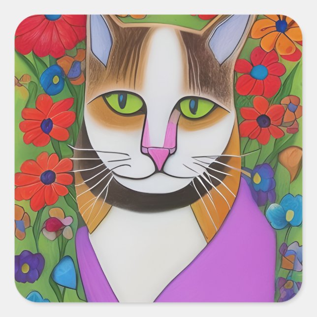 Folk Art Funny Cat with Colourful Flowers Square Sticker (Front)