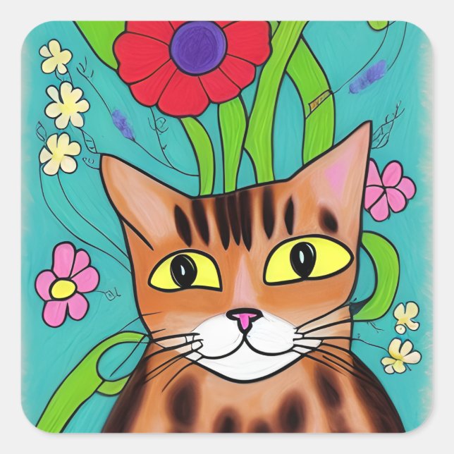 Folk Art Funny Cat with Red Flower Square Sticker (Front)