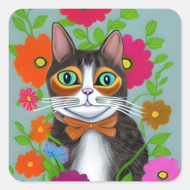 Folk Art Funny Cat with Red Flowers Square Sticker (Front)