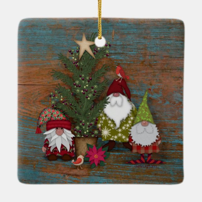 Folk Art Gnomes | Christmas Tree Ceramic Ornament (Back)